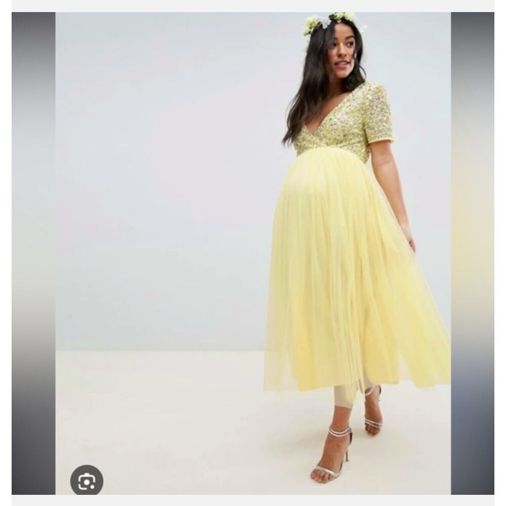 Maya Maternity Embellished Tulle Midi Dress Size 12 Yellow Beaded Bodice Glam